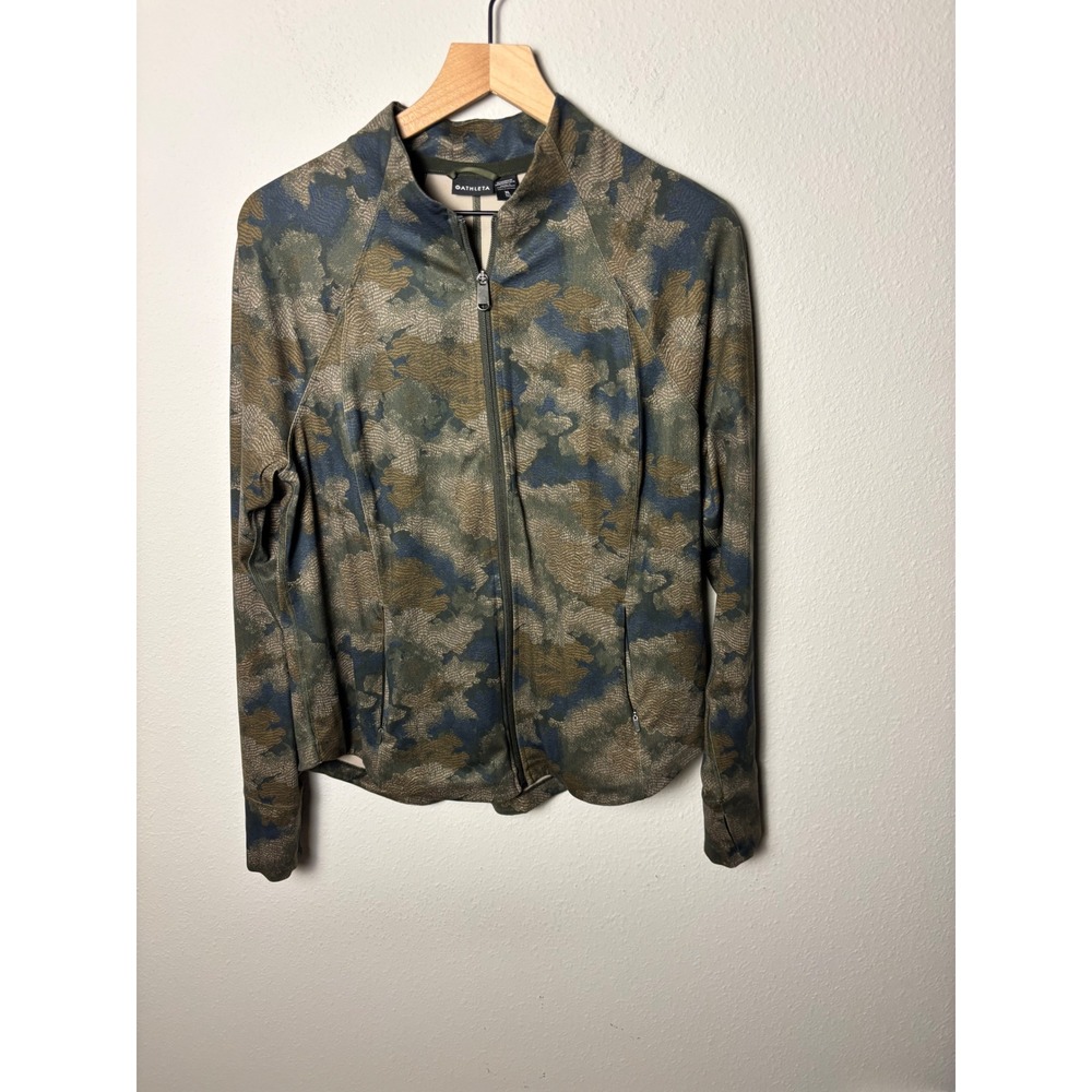 Athleta Salutation Jacket Topiary Abstract Olive Camo Full Zip XL 728967-00